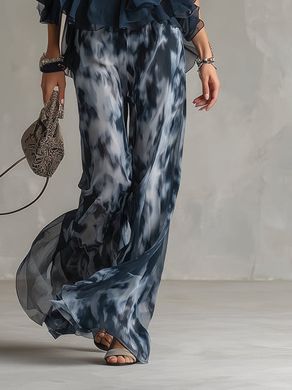 Ludovica | Top Halter Elegante Azul Marino y Conjunto de Pantalones Amplios Estampados
