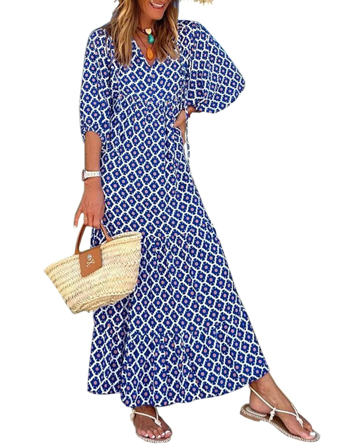 WINONA – VESTIDO MAXI GEOMÉTRICO BOHEMIO CON MANGAS ABULLONADAS PARA MUJER