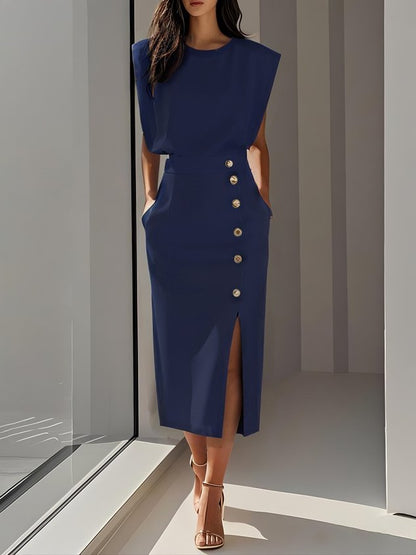 Malene™ | Vestido Midi Sólido con Abertura de Botón y Escote Redondo