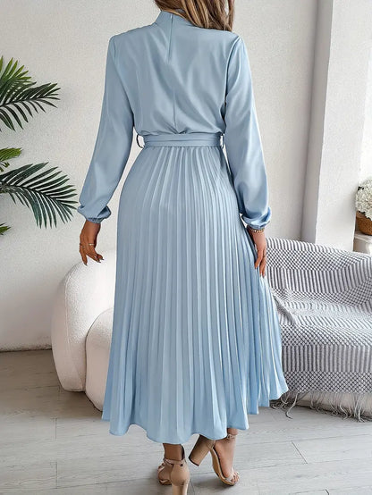 Vestido Midi Plisado de Manga Larga para Mujeres con Cintura con Cinturón