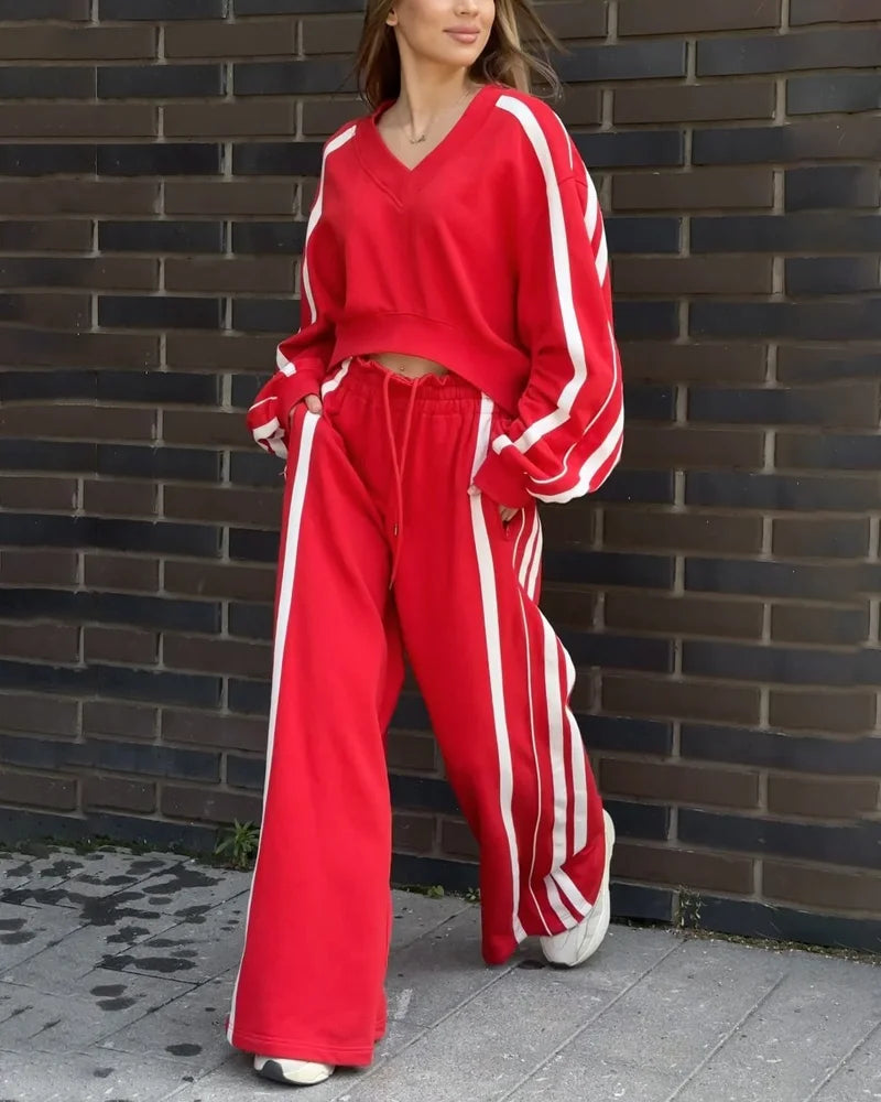 Conjunto de dos piezas de punto en rayas y pantalones anchos