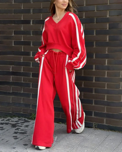 Conjunto de dos piezas de punto en rayas y pantalones anchos
