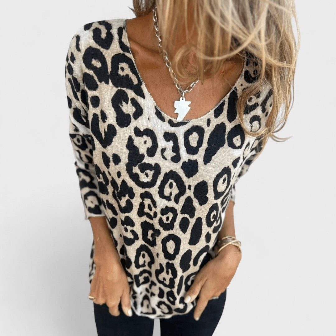 Elvéra - Top casual para mujer con estampado de leopardo