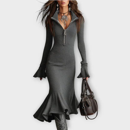 Vestido Maxi Acanalado con Cremallera