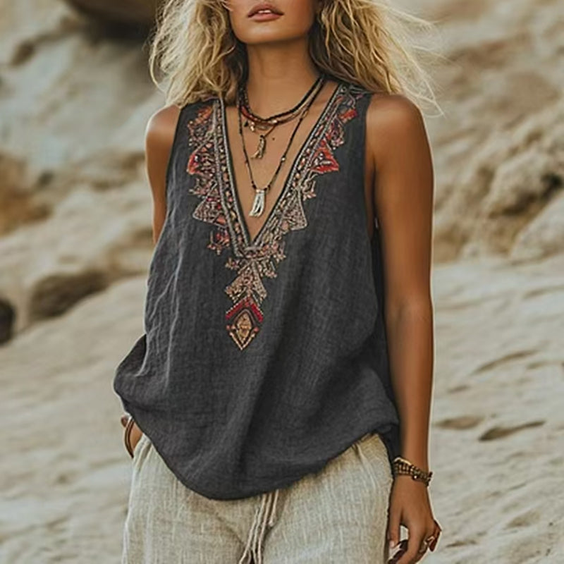 Aleka™ - TOP SIN MANGAS DE LINO VINTAGE BOHO
