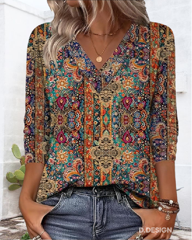 Blusa Retro Impresa con Cuello en V