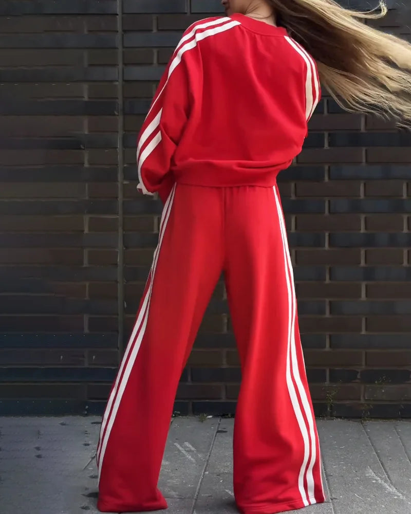 Conjunto de dos piezas de punto en rayas y pantalones anchos