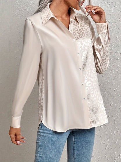 Gwendolyn - Camisa Button-Up en Satén Bicolor con Estampado de Leopardo