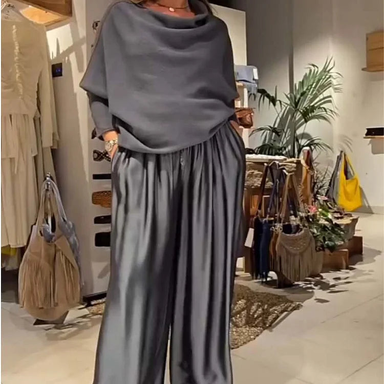 Conjunto de salón elegante de dos piezas con hombros descubiertos – suave, favorecedor y elegantemente casual