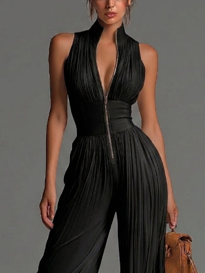 Mono sin mangas de cuello en V negro con cremallera y plisado de piernas anchas en chiffon