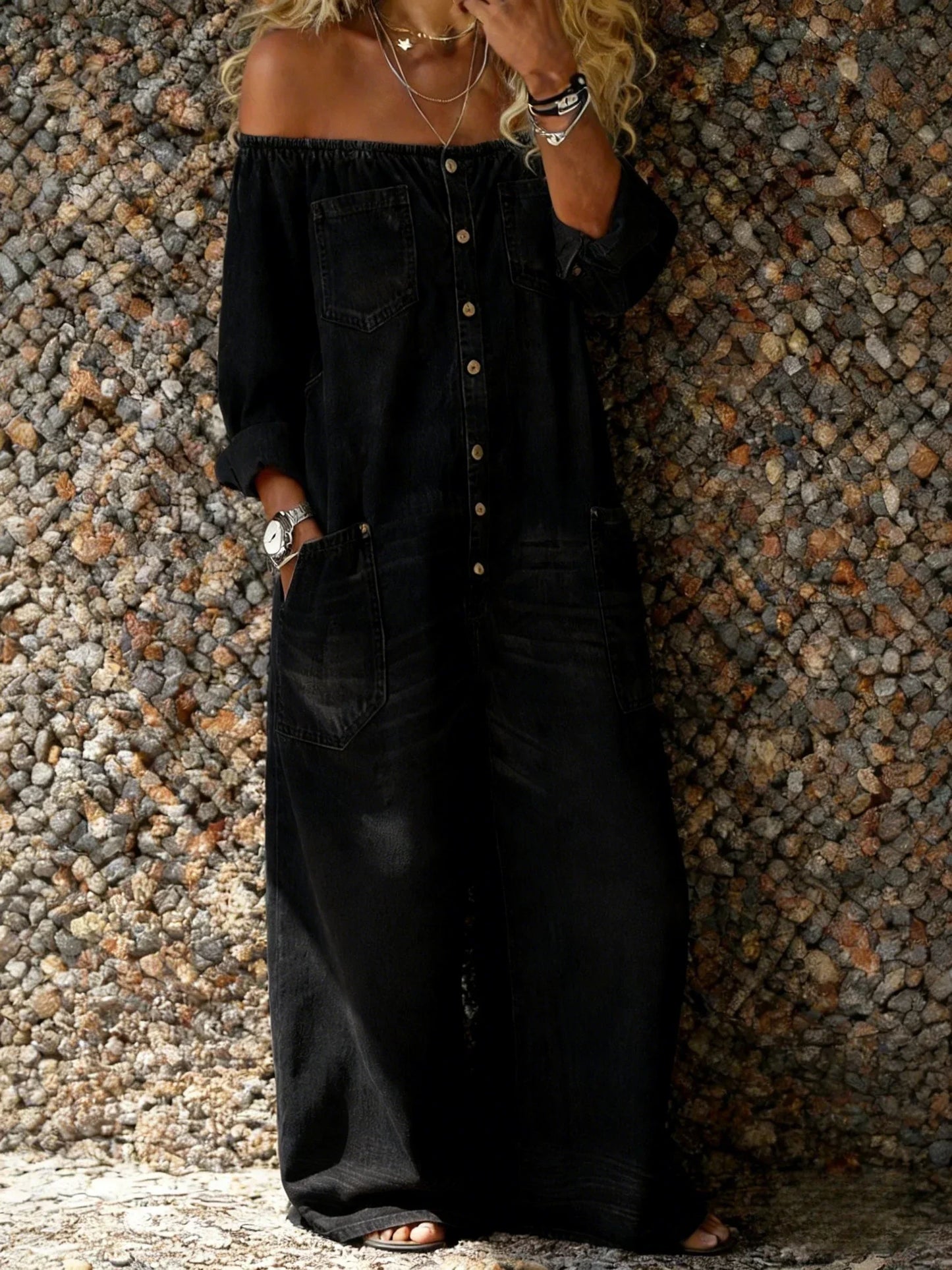 Noa | Salopette de Denim con Escote Off-Shoulder