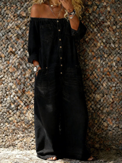 Noa | Salopette de Denim con Escote Off-Shoulder