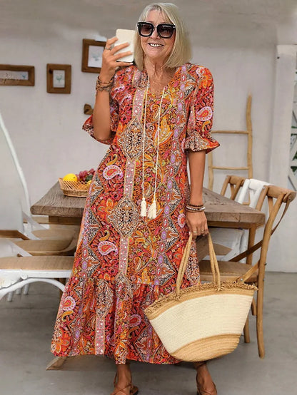 Carolette - Vestido Maxi de Cuello con Cordón Boho