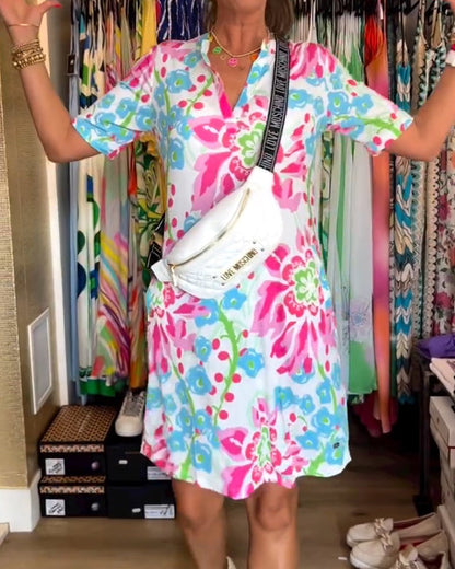 Ivendra | Vestido de Manga Corta con Estampado Floral