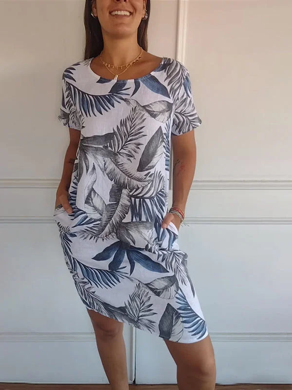 Vestido de verano estampado de algodón y lino para mujeres con bolsillos