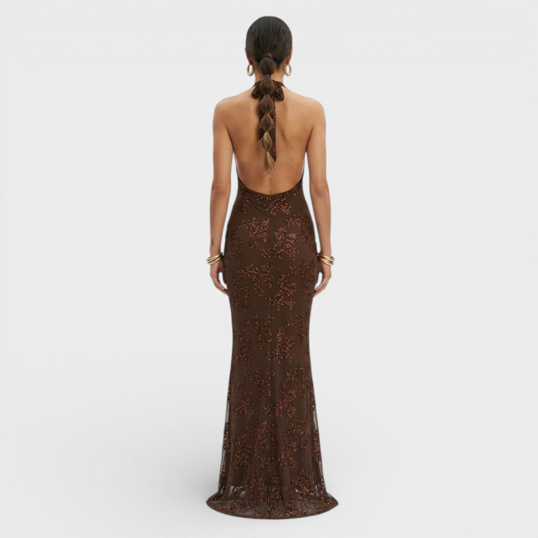 Vestido Largo Fiesta Halter Encaje