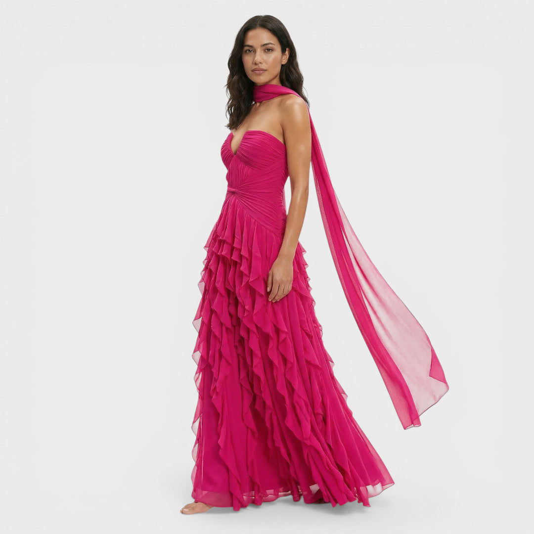 Vestido Largo Fiesta Halter Volantes