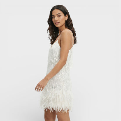 Vestido Mini Con Plumas Glamour