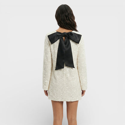 Vestido Mini Lentejuelas Lazo Satén