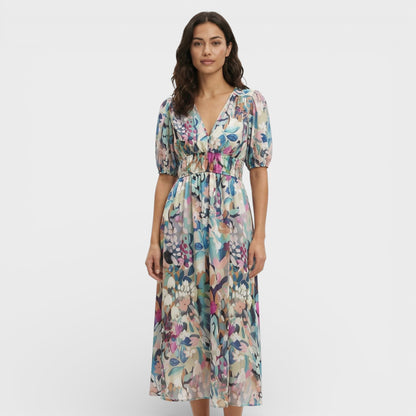 Vestido Midi Floral Mangas Abullonadas