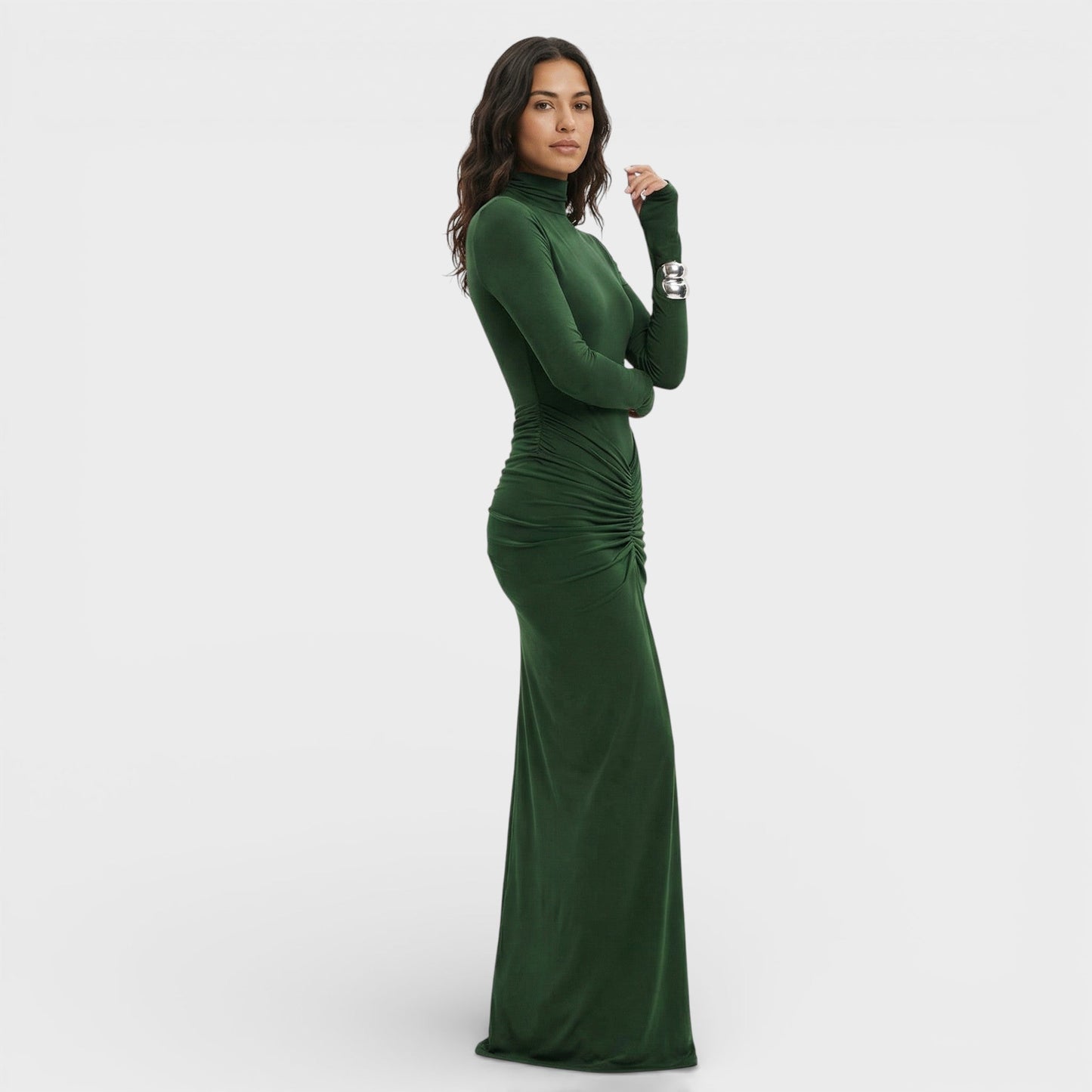 Vestido Largo Fruncido Elegante Mujer
