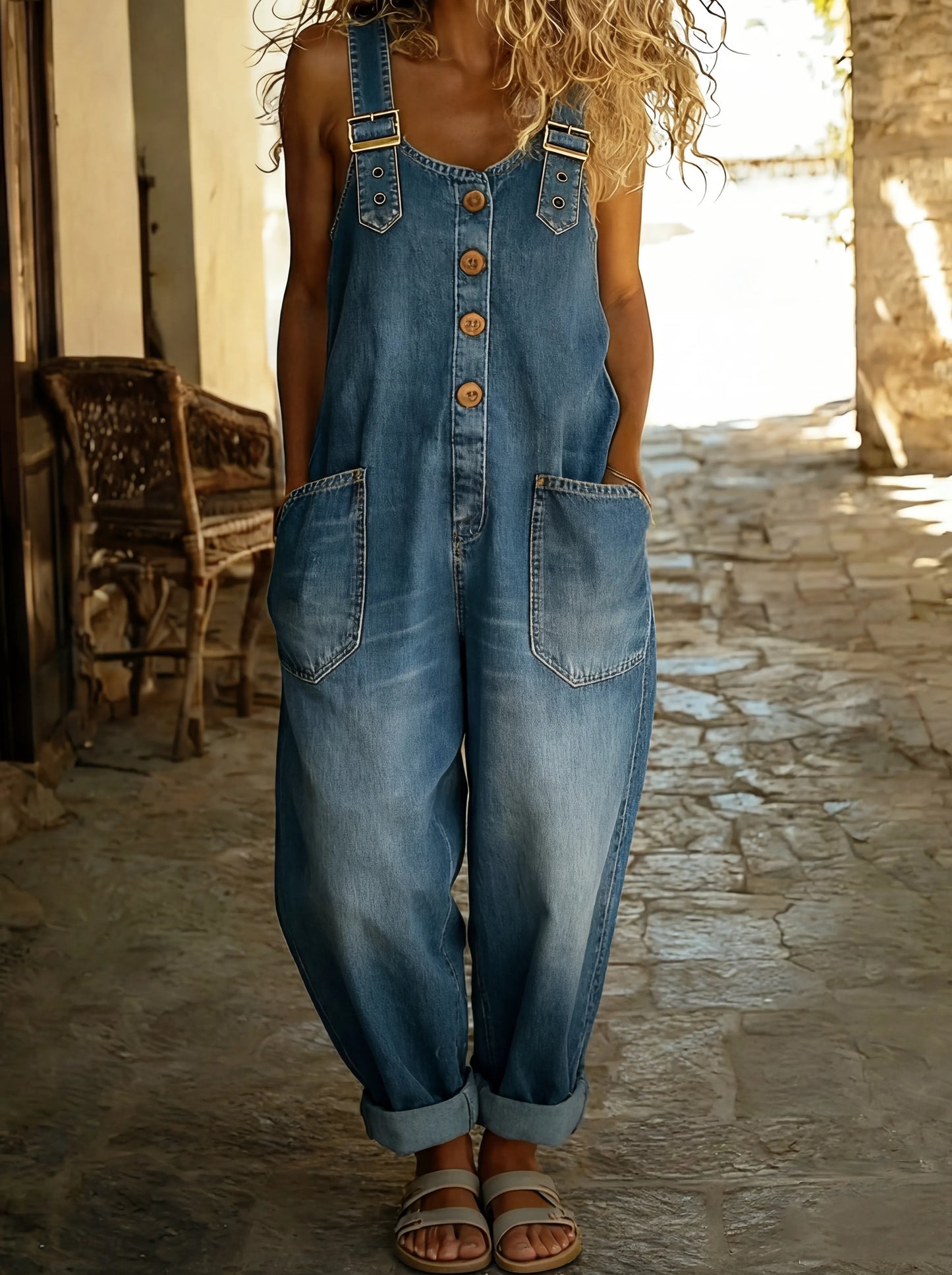Rocio™ - Pantalón salopette casual de denim con hebilla ajustable.
