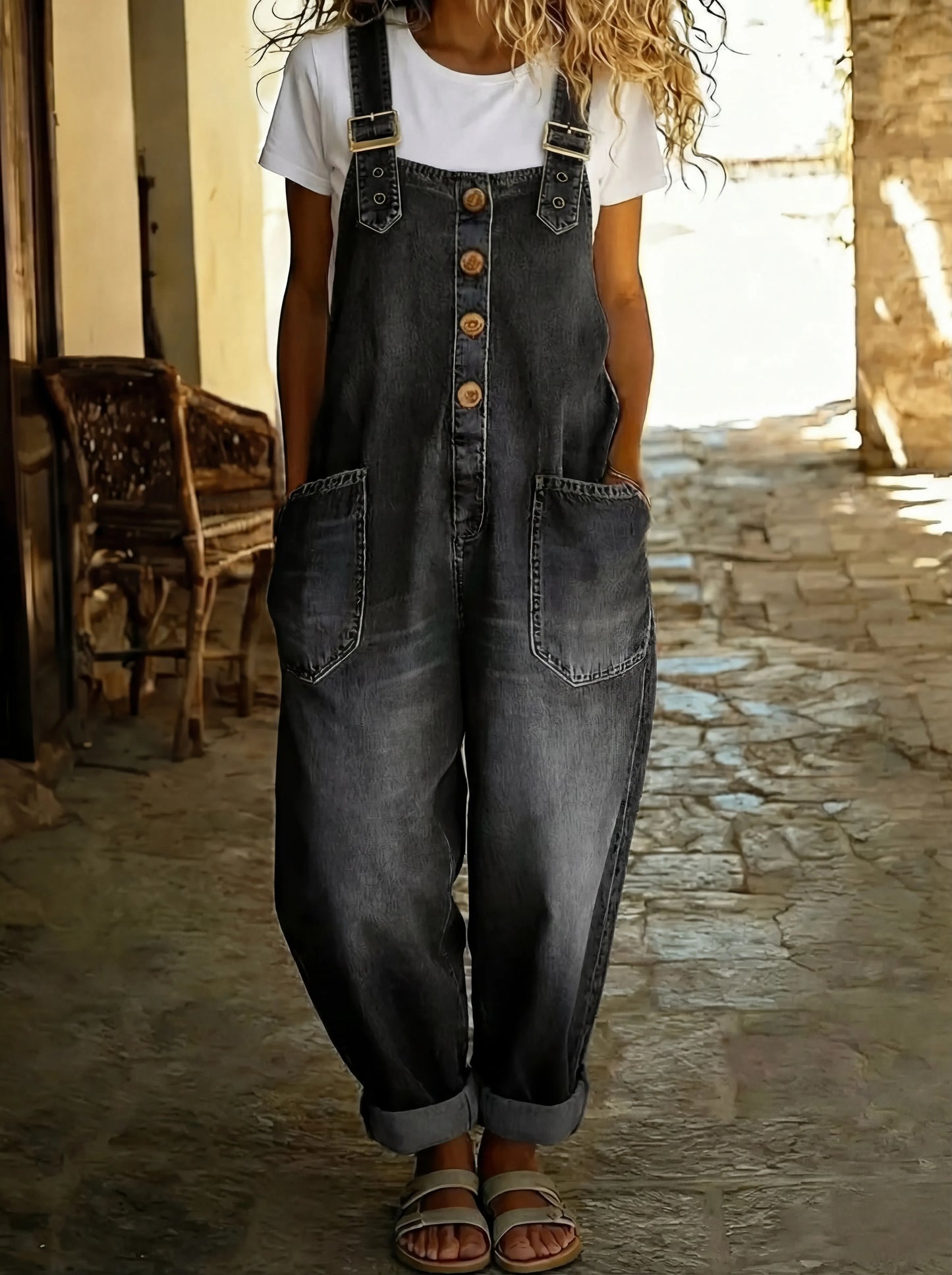Rocio™ - Pantalón salopette casual de denim con hebilla ajustable.