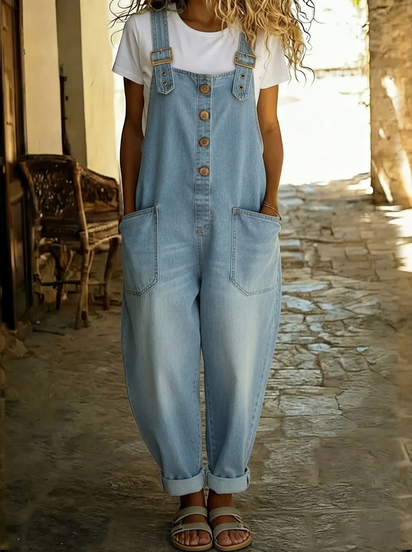 Rocio™ - Pantalón salopette casual de denim con hebilla ajustable.
