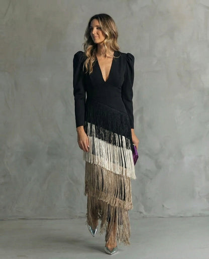 Clara ™ | Vestido Midi Elegante con Mangas de Flecos