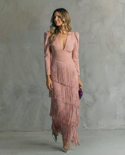Clara ™ | Vestido Midi Elegante con Mangas de Flecos