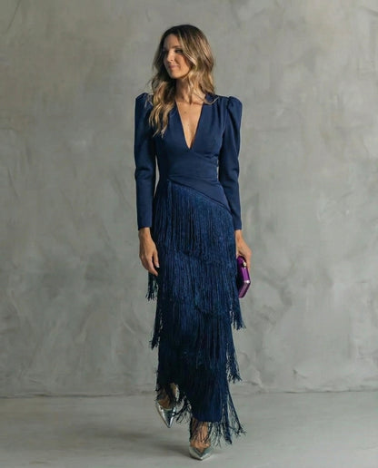 Clara ™ | Vestido Midi Elegante con Mangas de Flecos