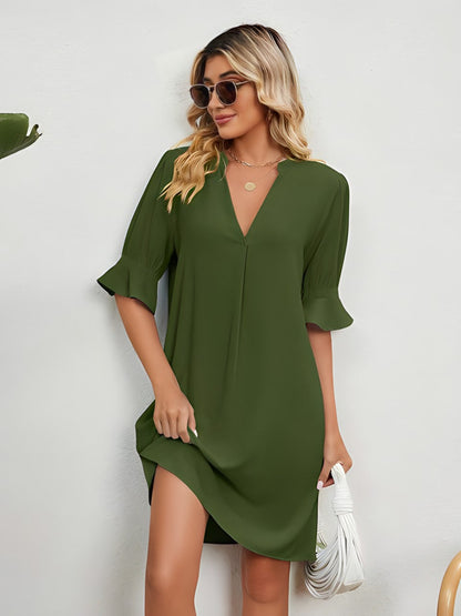 Elise - Vestido Sólido Plisado con Escote en V Suelto