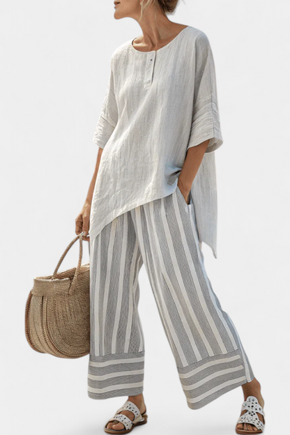 Talvora | Blusa Asimétrica Elegante y Pantalones Rayados