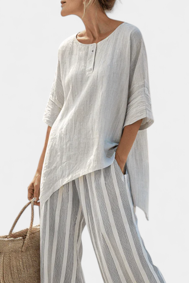 Talvora | Blusa Asimétrica Elegante y Pantalones Rayados
