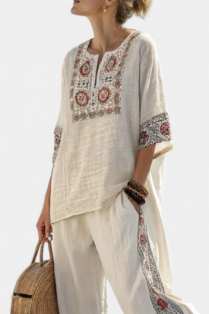 Tameric | Blusa Cruda Bordada Sofisticada & Pantalones Anchos