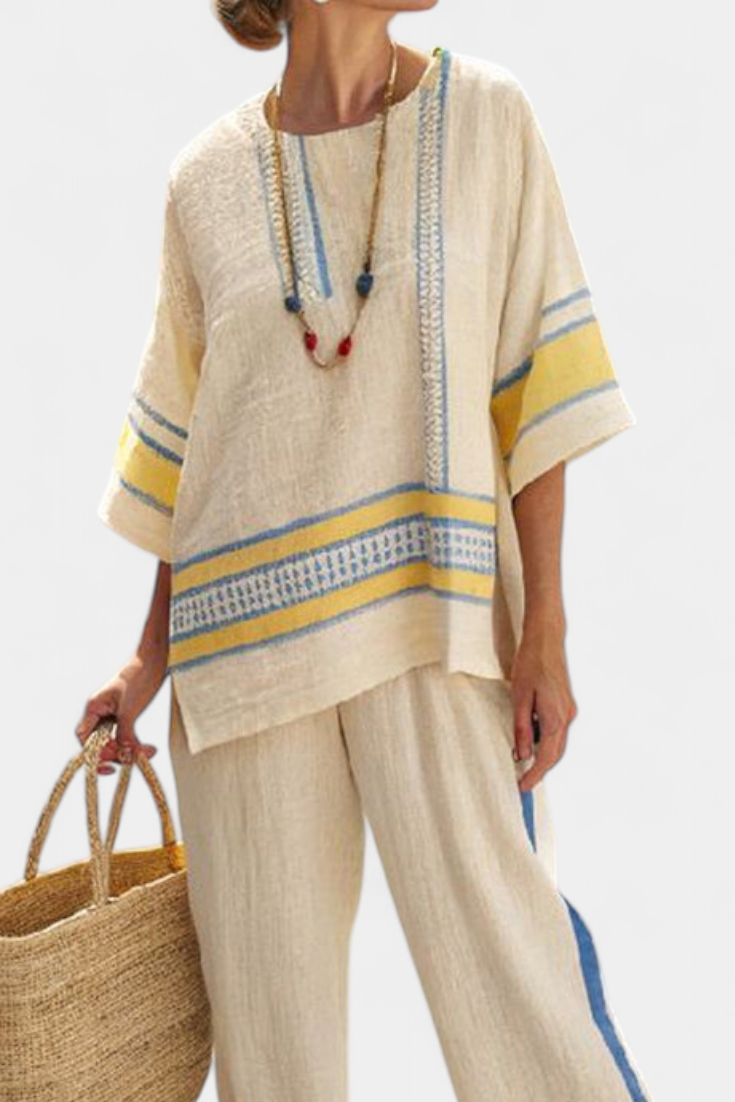 Jaxmere | Conjunto Mediterráneo Cómodo en Azul y Amarillo con Pantalones de Lino