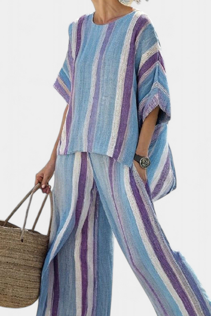 Faelith | Top Pastel Malva Elegante y Pantalones de Lino Rayados