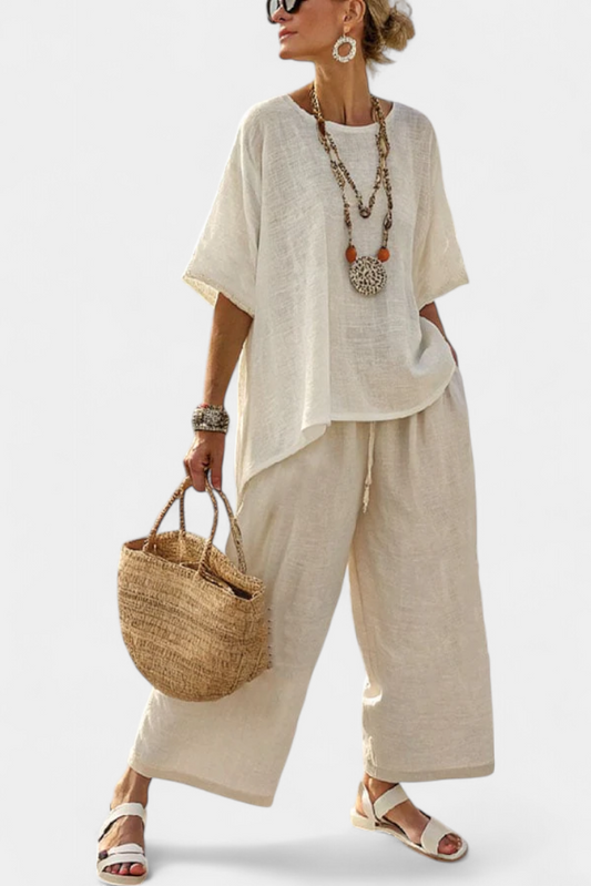 Drevon | Blusa Minimalista Cruda Cómoda y Pantalones de Pierna Ancha