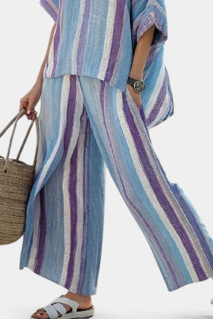 Faelith | Top Pastel Malva Elegante y Pantalones de Lino Rayados