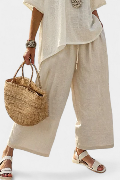 Drevon | Blusa Minimalista Cruda Cómoda y Pantalones de Pierna Ancha