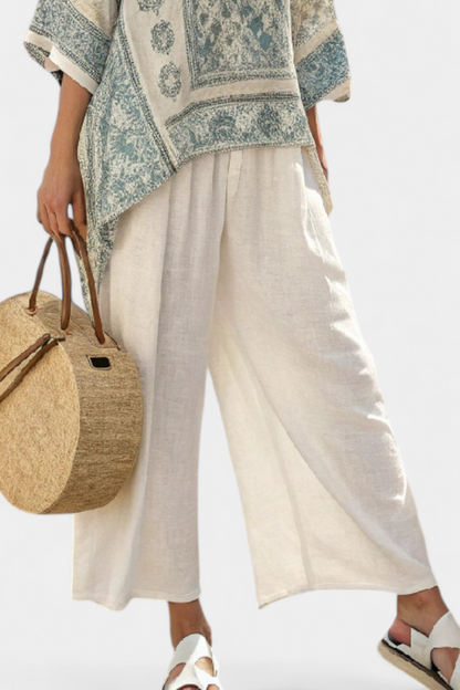Quinley | Blusa Impresa Cómoda y Pantalones Blancos de Pierna Ancha