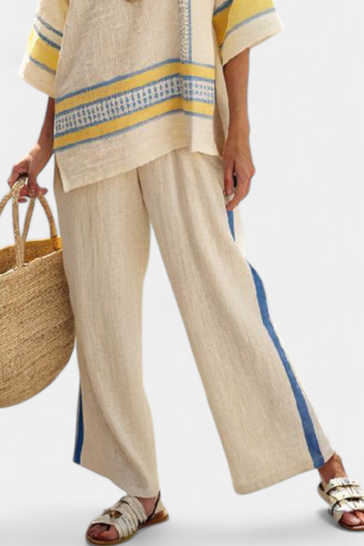 Jaxmere | Conjunto Mediterráneo Cómodo en Azul y Amarillo con Pantalones de Lino