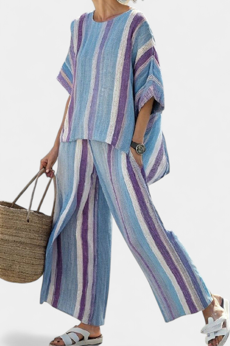 Faelith | Top Pastel Malva Elegante y Pantalones de Lino Rayados