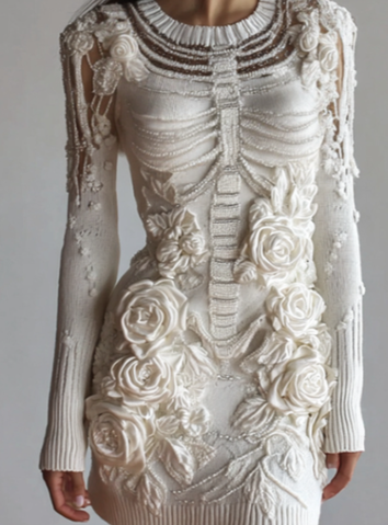 Vestido Mini de Suéter de Punto Acogedor con Calavera de Rosa Blanca Vintage para Mujeres