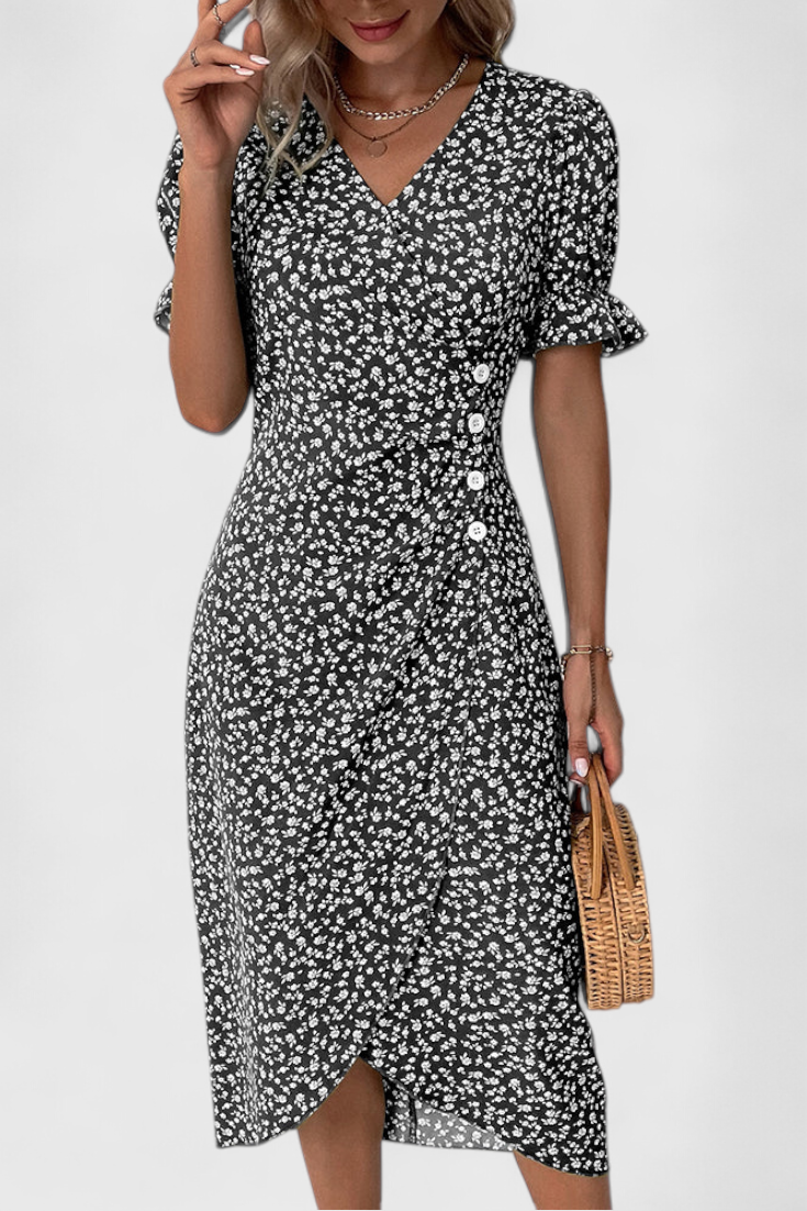 Joana Vestido Midi Floral con Escote en V y Mangas Cortas