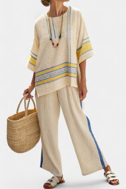 Jaxmere | Conjunto Mediterráneo Cómodo en Azul y Amarillo con Pantalones de Lino