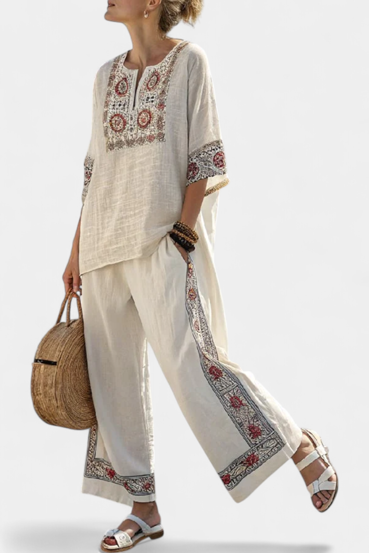Tameric | Blusa Cruda Bordada Sofisticada & Pantalones Anchos