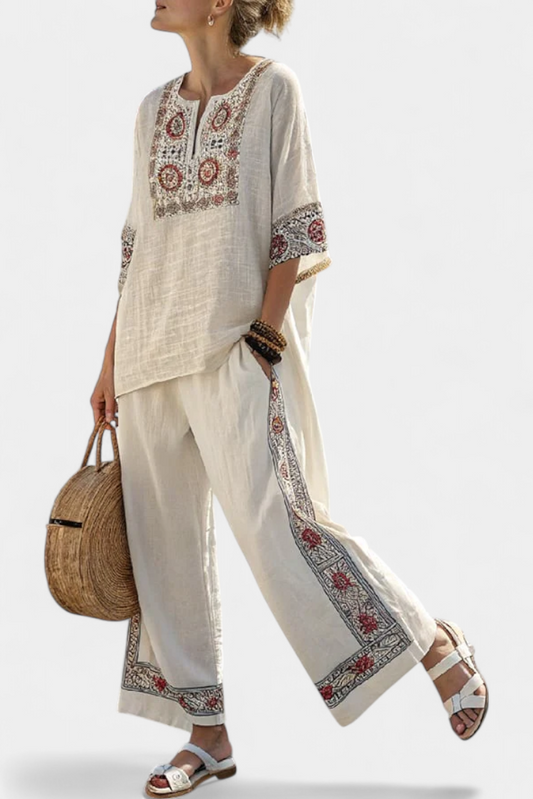 Tameric | Blusa Cruda Bordada Sofisticada & Pantalones Anchos