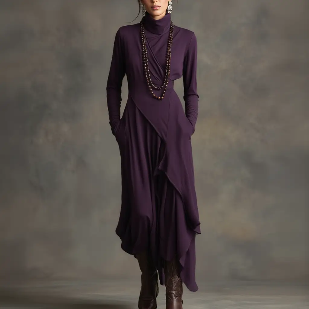 Solmira | Vestido Maxi Plisado Asimétrico con Cuello Alto