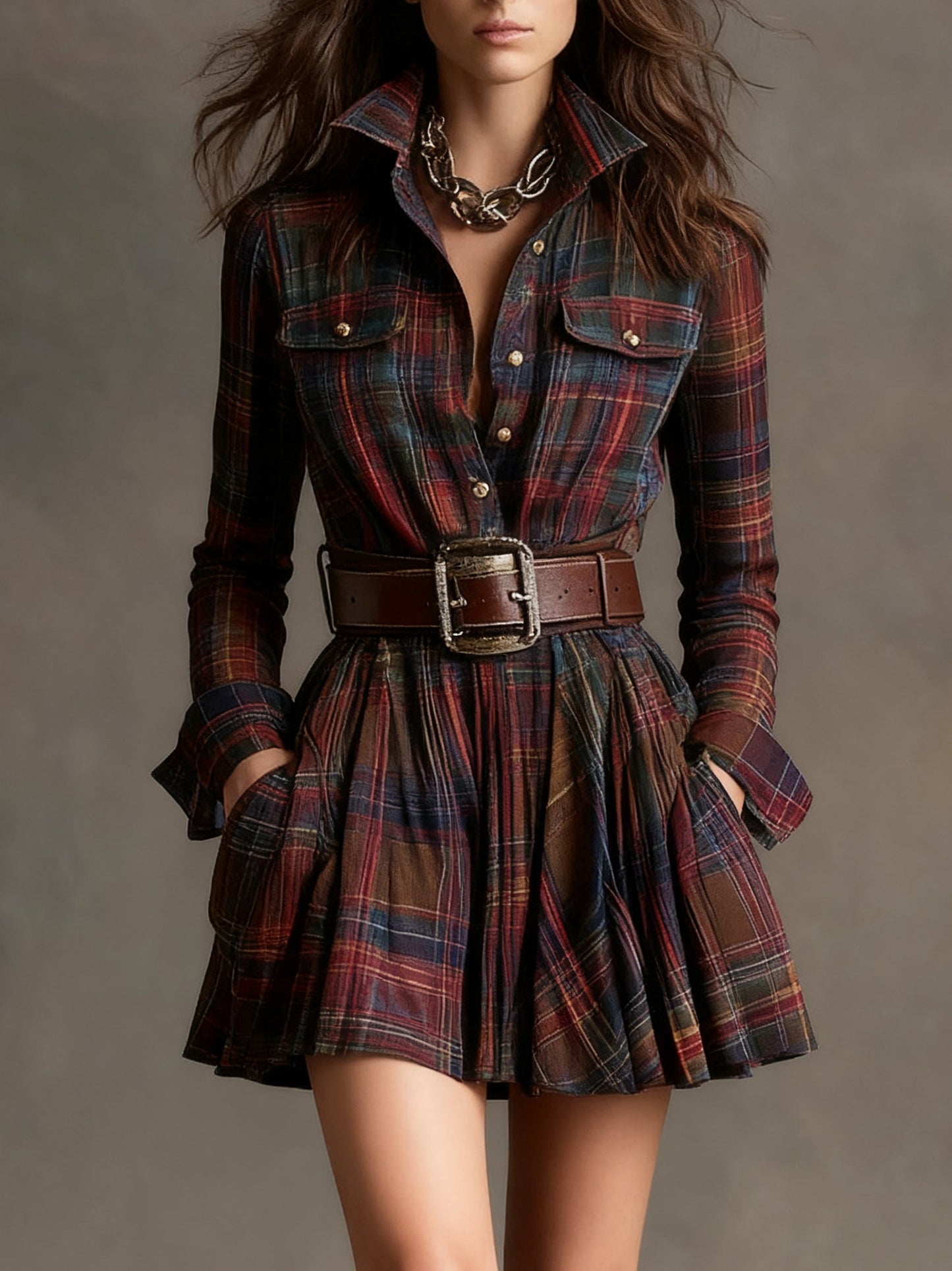 Bárbara | Vestido corto camisero de cuadros vintage